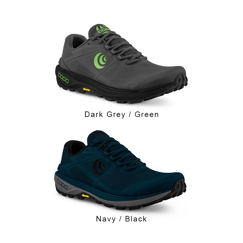 Trail shoe product image in dark grey and navy colorways.